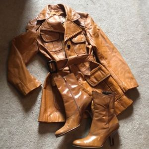 Vintage Caramel Camel Leather Trench Jacket Coat